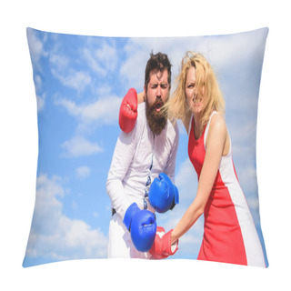 Personality  Struggle For Gender Equality. Attack Is Best Defence. Man And Woman Fight Boxing Gloves Sky Background. Couple In Love Boxing. Defend Your Opinion In Confrontation. Women Can Fight Back Concept Pillow Covers
