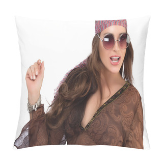 Personality  Fashionable Party Girl In Brown Dress With Sunglasses Pillow Covers