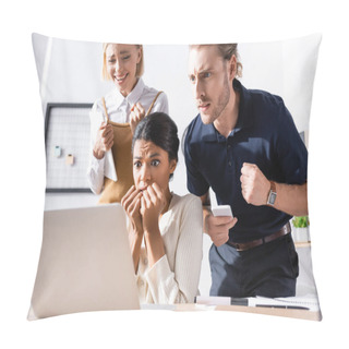 Personality  Multicultural Nervous Office Workers Looking At Laptop At Workplace In Office Pillow Covers