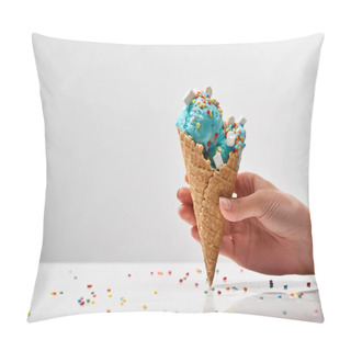 Personality  Cropped View Of Woman Holding Delicious Sweet Blue Ice Cream With Marshmallows And Sprinkles In Crispy Waffle Cone Isolated On Grey Pillow Covers