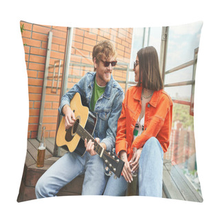 Personality  A Man And A Woman Sit On A Ledge, Strumming Guitars And Playing Music Together Pillow Covers