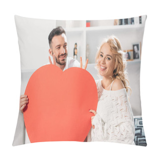 Personality  Cheerful Couple Holding Red Heart And Showing Peace Sign Pillow Covers