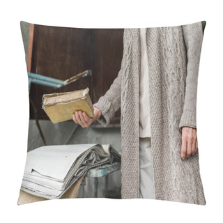 Personality  PRIPYAT, UKRAINE - AUGUST 15, 2019: Cropped View Of  Senior Woman Holding Book In Hand  Pillow Covers