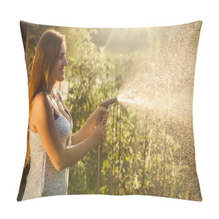 Personality  Beautiful Brunette Woman Watering Garden Bed With Vegetables Pillow Covers