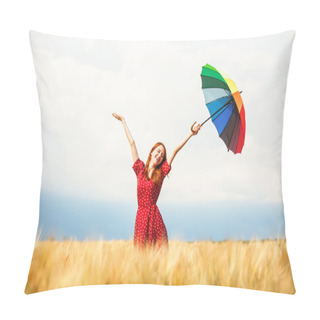 Personality  Redhead Girl With Umbrella At Field Pillow Covers