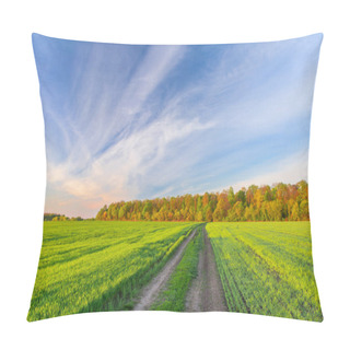 Personality  Picturesque Landscape Of Green Field And Sky With Clouds. A Dirt Road Between The Fields Leads To The Forest Pillow Covers