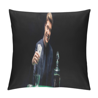 Personality  KYIV, UKRAINE - AUGUST 20, 2019: Panoramic Shot Of Happy Man Holding Playing Cards Near Alcohol Drink Isolated On Black  Pillow Covers