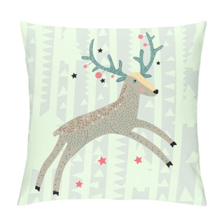 Personality  Wild Forest Animals. Christmas Deer With Blue-green Horns Gallops. Scandinavian Style. Children's Design. Illustration, Poster, Postcard.Illustration. Pillow Covers