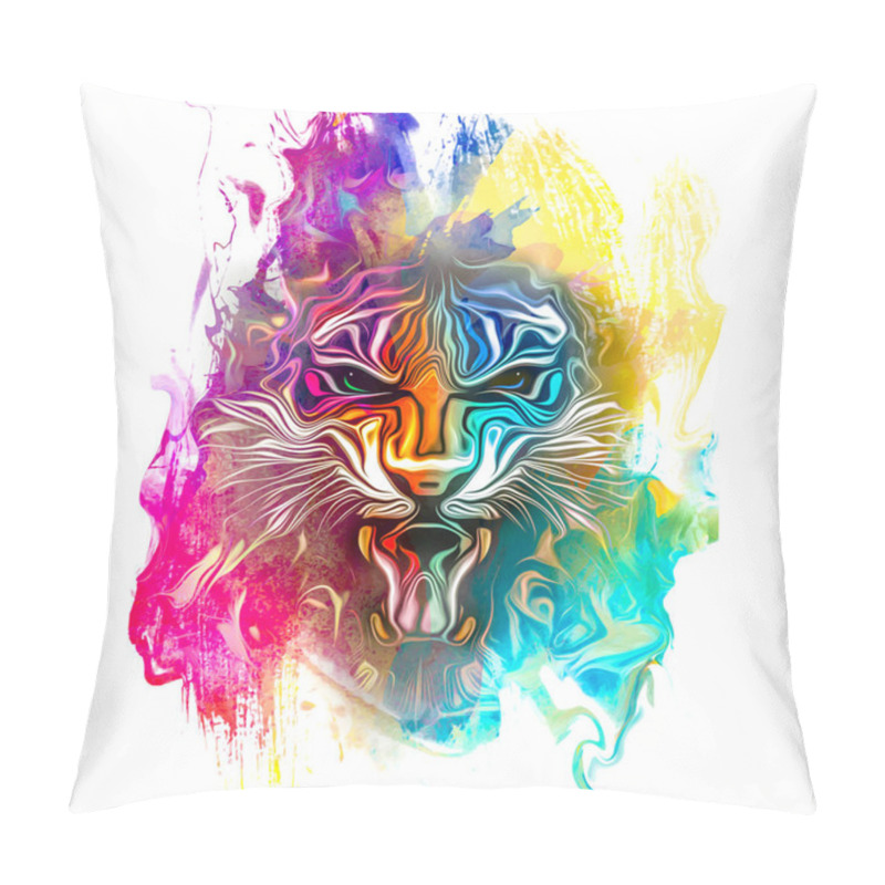 Personality  Tiger Head With Colorful Creative Abstract Element On White Background Pillow Covers