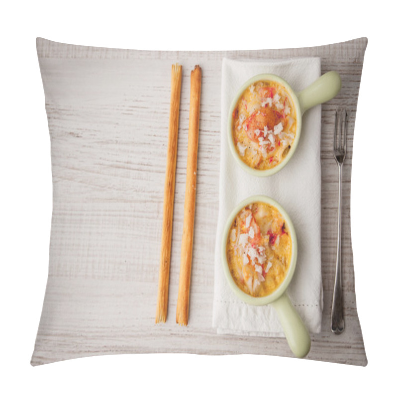 Personality  Crab Cocotte With Breadsticks And Vintage Fork On The White Napkin Horizontal Pillow Covers