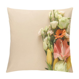 Personality  Top View Of Spring Floral Bouquet On Beige Background Pillow Covers