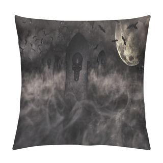 Personality  Cemetery At Night With Tombstones With Skulls And Cloudy Sky Full Of Stars In The Background. Halloween Concept 3D Illustration Pillow Covers