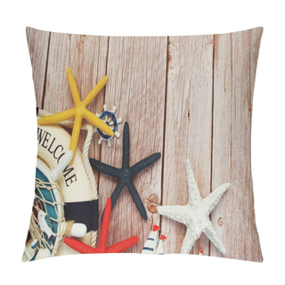 Personality  Marine Items Nautical Decoration With Space Copy On Wooden Background Pillow Covers