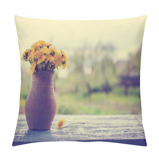 Personality  Fresh Cut Dandelions In Rustic Vase On Garden Table Pillow Covers