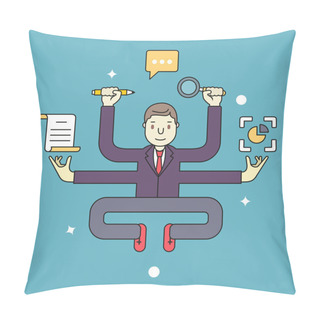 Personality  Concept Of Multitasking Businessman Who Works With More Arms. Management And Multitasking Pillow Covers