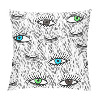 Personality  Hand Drawn Fashion Patches Eyes, Eyelash Seamless Pattern. Vector Beauty Illustration Of Open And Close Eyes For Clothes, Background. Pop Art Sticker, Patche, Pin, Badge 80s-90s Style. Doodle Sketch Pillow Covers