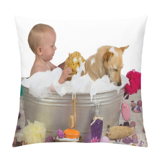 Personality  Adorable Baby Girl Bathing With Her Dog Pillow Covers