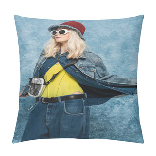 Personality  Blonde Woman In Denim Outfit Posing In Panama Hat And Sunglasses Near Blue Textured Background   Pillow Covers