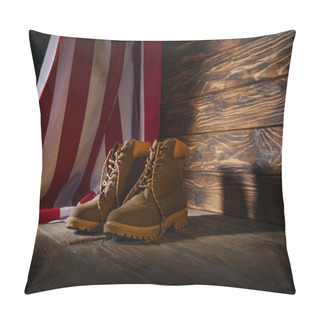 Personality  Trekking Boots And American Flag On Wooden Surface, Travel Concept Pillow Covers