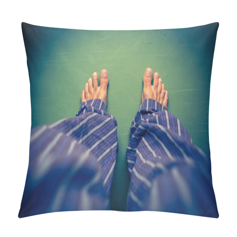 Personality  Alone In The House: Man In Pyjamas Looking Down On His Bare Feet Pillow Covers