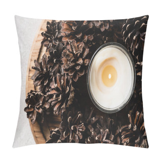 Personality  Top View Of Scented Candle With Pine Cones On Wooden Plate  Pillow Covers