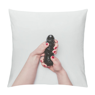 Personality  Black Dildo In Female Hands Isolated On White Pillow Covers