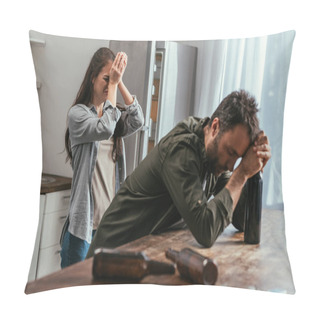 Personality  Selective Focus Of Crying Woman With Alcohol Addicted Husband On Kitchen Pillow Covers