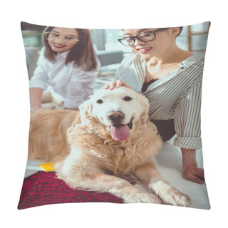 Personality  Young Multiethnic Businesswomen Petting Furry Dog At Office Pillow Covers