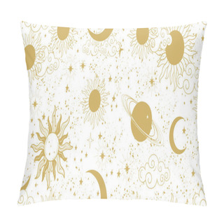 Personality  Seamless Golden Space Pattern With Sun, Crescent, Planets And Stars On A White Background. Mystical Ornament Of The Mystical Sky For Wallpaper, Fabric, Astrology, Fortune Telling. Vector Illustration. Pillow Covers