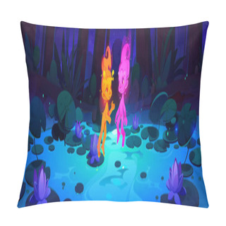 Personality  Two Neon Glowing Fairy Pixie Floating Above Lake In Forest With Lotus Flowers At Night. Cartoon Vector Dusk Landscape With Water Lily On Pond, Tree Trunks And Bush On Shore, Firefly And Fantastic Elf. Pillow Covers