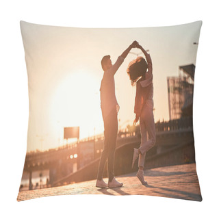 Personality  Love Is In The Air! Cute Romantic Couple Spending Time Together In The City. Handsome Bearded Man And Attractive Young Woman Are In Love. Dancing During Sunset. Pillow Covers
