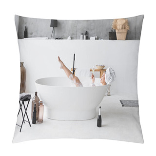 Personality  Cheerful Woman Holding Glass Of Champagne In Bathtub  Pillow Covers