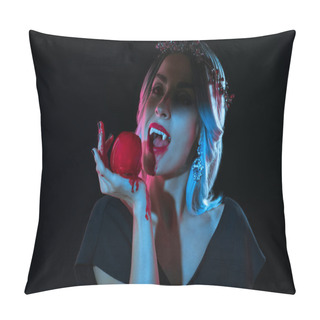 Personality  Attractive Vampire Woman Bitting Red Bloody Apple Isolated On Black Pillow Covers