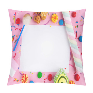 Personality  Frame For The Text On The Background Of Different, Sugar, Children's Sweets. Candies On A Pink Background. Copy Space, Sweets Concept Pillow Covers