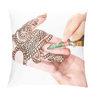 Personality  Image Of Henna Applied On Female Hand Isolated On White Pillow Covers
