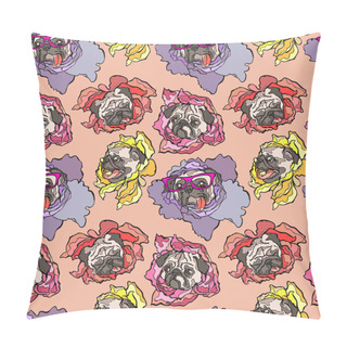 Personality  Dog. Pug. Flower. Seamless Vector Pattern (background). Pillow Covers