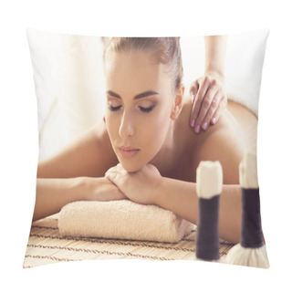 Personality  Close-up Of Young Woman In Spa. Traditional Healing Therapy And Massaging Treatments Isolated On White. Health And Skin Care, Massage And Recreation Concept. Pillow Covers