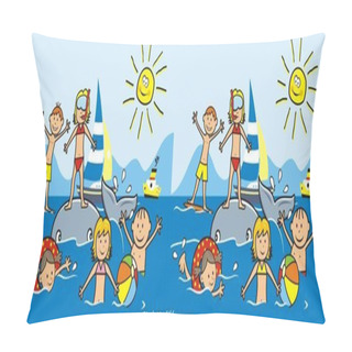 Personality  Children On The Beach, Water Sports. Boys And Girls Playing In The Sea. Funny Vector Illustration. Game For Children - Find Ten Differences. Pillow Covers