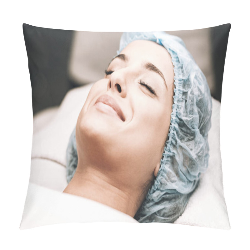 Personality  Smiling Model With False Eyelashes And Closed Eyes Lying On Couch Isolated On Grey Pillow Covers