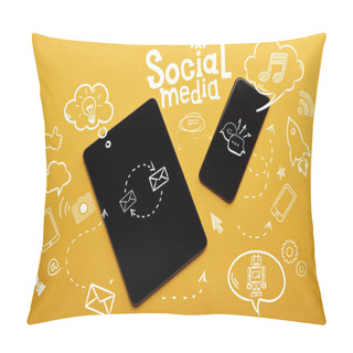 Personality  Top View Of Digital Tablet And Smartphone With Social Media Illustration On Yellow Background Pillow Covers