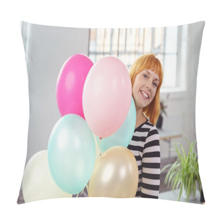 Personality  Cute Young Woman With A Bunch Of Balloons Pillow Covers