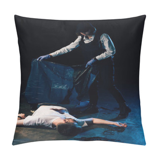 Personality  Full Length View Of Investigator Covering Dead Body At Crime Scene Pillow Covers
