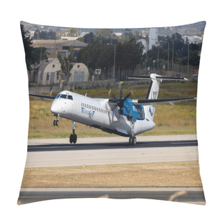 Personality  Luqa, Malta - April 9, 2024: Universal Air De Havilland Canada Dash 8-400 (REG: 9H-SWW) On Its Departure To Pecs Pogany Airport Hungary As Flight VO121. Pillow Covers
