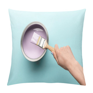 Personality  Partial View Of Woman With Brush And Tin Of Purple Paint On Purple Surface Pillow Covers