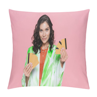 Personality  Positive Woman In Green Tie Dye Blazer Holding Credit Cards And Smiling Isolated On Pink Pillow Covers