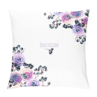 Personality  Card Tempate With Watercolor Pink, Purple Roses And Elderberry Branches, Hand Painted On A White Background, Greeting Card, Decoration Postcard, Wedding Invitation Pillow Covers