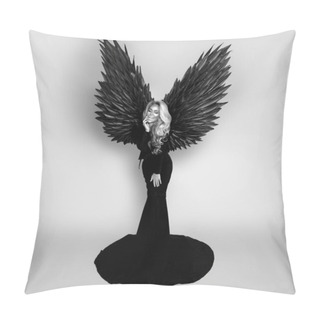 Personality  Stunning Blonde Woman In Elegant Long Black Dress And Big Wings Is Posing In Studio. Luxury Evening Fashion. Glamour Fashion Model. Woman With Wings. Black Angel. Black And White Photo. Pillow Covers