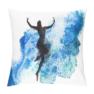 Personality  Graceful Ballerina Dancing In Blue Paint Splashes And Spills Isolated On White Pillow Covers