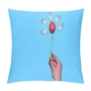 Personality  Red Painted Easter Egg And Spring Tulip Flower On Blue Pillow Covers