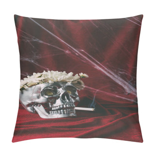 Personality  Silver Skull With Flowers Smoking Cigarette On Red Cloth With Spider Web  Pillow Covers
